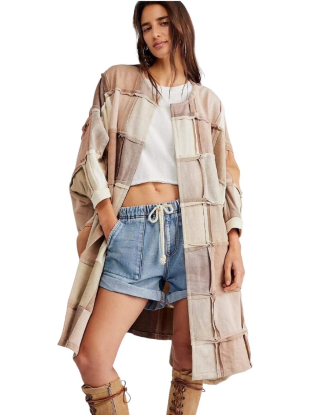 Marie Bouvier Free People Poppy Cape Jacket Womens OS Patchwork Tan Green Cotton